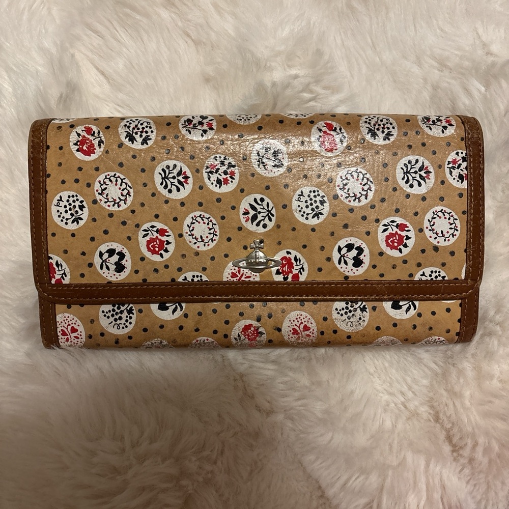 Vivienne Westwood Tan Floral Dot Continental Wallet with Red and Black Accents